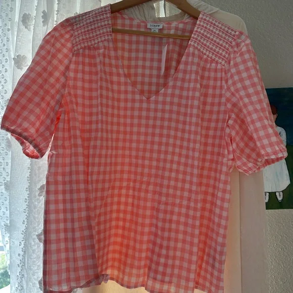 J. Crew Coral Gingham Blouse - Picture 1 of 2